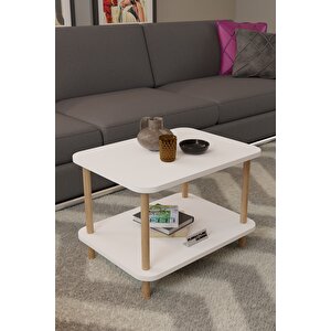 45x60 2 Katlı Orta Sehpa Ahşap Ayaklı Sehpa - Beyaz