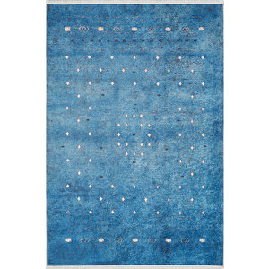 Mavi Salon&yolluk Dijital Baskılı Makinede Yıkanabilir Kaymaz Taban Saçaklı Halı Ha526 120x180 cm