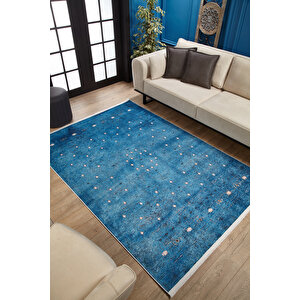 Mavi Salon&yolluk Dijital Baskılı Makinede Yıkanabilir Kaymaz Taban Saçaklı Halı Ha526 120x180 cm