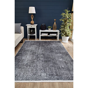 Antrasit Salon&yolluk Dijital Baskılı Makinede Yıkanabilir Kaymaz Taban Saçaklı Halı Ha536 100x500 cm
