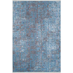 Mavi Salon&yolluk Dijital Baskılı Makinede Yıkanabilir Kaymaz Taban Saçaklı Halı Ha534 80x200 cm