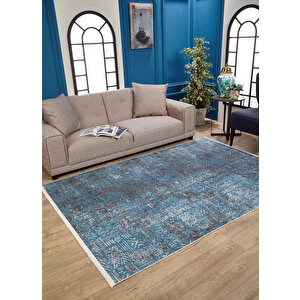 Mavi Salon&yolluk Dijital Baskılı Makinede Yıkanabilir Kaymaz Taban Saçaklı Halı Ha534 80x200 cm