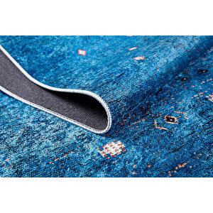 Mavi Salon&yolluk Dijital Baskılı Makinede Yıkanabilir Kaymaz Taban Saçaklı Halı Ha526 100x500 cm