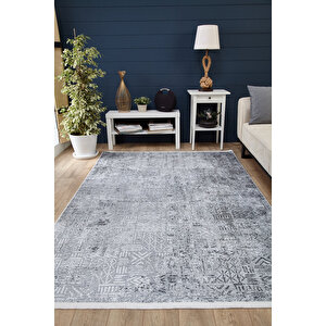 Gri Salon&yolluk Dijital Baskılı Makinede Yıkanabilir Kaymaz Taban Saçaklı Halı Ha535 80x300 cm