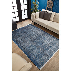Mavi Salon&yolluk Dijital Baskılı Makinede Yıkanabilir Kaymaz Taban Saçaklı Halı Ha449 160x300 cm