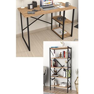 2 Raflı Çalışma Masası Bilgisayar Masası Ofis Ders Masası + 5 Raflı Kitaplık Metal Kitaplık Çam