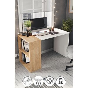 60x120 Cm Smyrna Çalışma Masası Kitaplıklı Ofis Masası Bilgisayar Masası Safir Meşe Beyaz