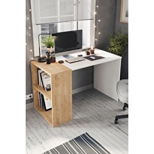 60x120 Cm Smyrna Çalışma Masası Kitaplıklı Ofis Masası Bilgisayar Masası Safir Meşe Beyaz