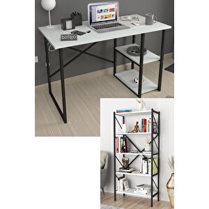 2 Raflı Çalışma Masası Bilgisayar Masası Ofis Ders Masası + 5 Raflı Kitaplık Metal Kitaplık Beyaz