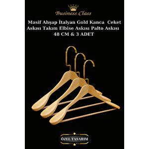 3 Adet 48 Cm Gold İtalyan Kanca Masif Ahşap Elbise Askısı Palto Askısı Ceket Askısı