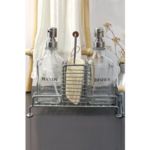 2’li Metal Standlı Cam Sıvı Sabun Ve Losyon Şişesi Sabunluk 500 Ml Gri – B/11 C1-1-289