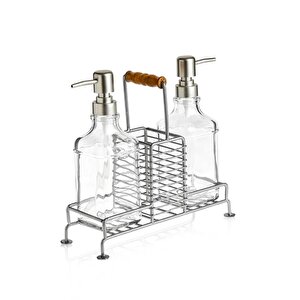 2’li Metal Standlı Cam Sıvı Sabun Ve Losyon Şişesi Sabunluk 500 Ml Gri – B/11 C1-1-289