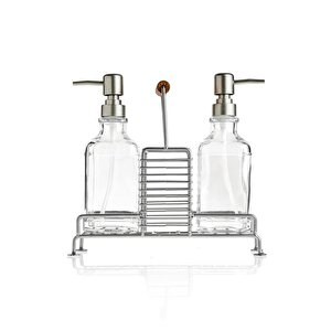 2’li Metal Standlı Cam Sıvı Sabun Ve Losyon Şişesi Sabunluk 500 Ml Gri – B/11 C1-1-289