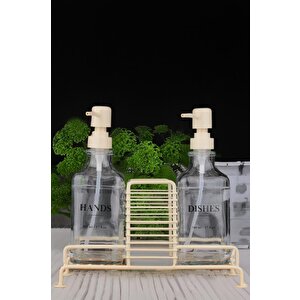 2’li Metal Standlı Cam Sıvı Sabun Ve Losyon Şişesi Sabunluk 500 Ml Krem – B/1 C1-1-289