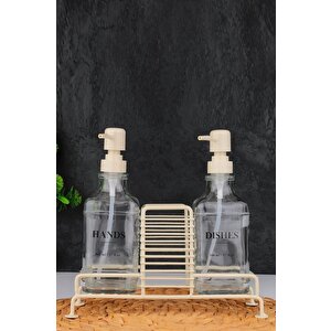 2’li Metal Standlı Cam Sıvı Sabun Ve Losyon Şişesi Sabunluk 500 Ml Krem – B/1 C1-1-289