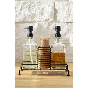 2’li Metal Standlı Cam Sıvı Sabun Ve Losyon Şişesi Sabunluk 500 Ml Siyah – D/1 C1-1-289