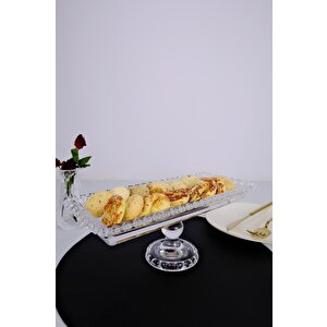 Kalp Boncuklu Ayaklı Dikdörtgen Cam Servis Sunumluk Kurabiyelik 30 Cm – Sur-18 C320.049