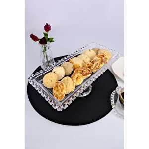 Kalp Boncuklu Ayaklı Dikdörtgen Cam Servis Sunumluk Kurabiyelik 30 Cm – Sur-18 C320.049