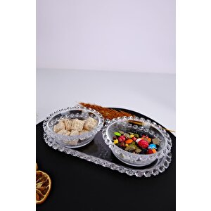 Kalp Boncuklu 3 Parça Tepsili Cam Servis Sunumluk Kurabiyelik 25 Cm – Sur-11 C320.049