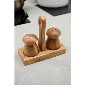 Bambu Standlı Mini Mantar Tuzluk Biberlik Seti Kahverengi - G/10 C1-1-289