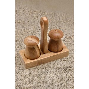 Bambu Standlı Mini Mantar Tuzluk Biberlik Seti Kahverengi - G/10 C1-1-289