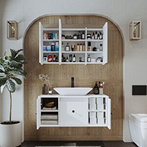 Roomart Lavabolu Mat Mdf 105 Cm Çekmeceli Banyo Dolabı + Aynalı Üst Dolabı