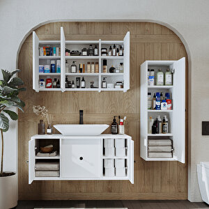 Roomart Lavabolu Mat Mdf 105 Cm Çekmeceli Banyo Dolabı + Aynalı Üst Dolabı + Boy Dolabı