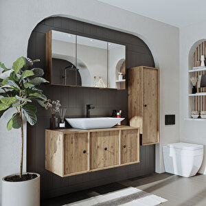 Roomart Lavabolu Mat Mdf 105 Cm Çekmeceli Banyo Dolabı + Aynalı Üst Dolabı + Boy Dolabı
