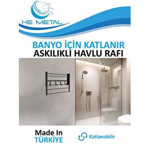 Banyo İçin Katlanabilir Askılı Havlu Rafı - 45x22 Cm Siyah