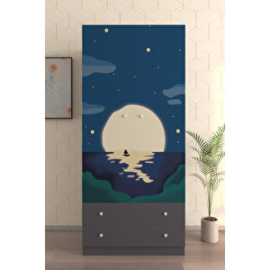 Çocuk Odası 2 Kapaklı Full Moon Gardırop 5 Raflı 2 Çekmeceli Askılı Elbise Dolabı