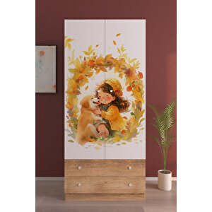 Çocuk Odası 2 Kapaklı Golden Friends  Gardırop 5 Raflı 2 Çekmeceli Askılı Elbise Dolabı