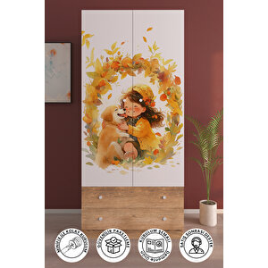 Çocuk Odası 2 Kapaklı Golden Friends  Gardırop 5 Raflı 2 Çekmeceli Askılı Elbise Dolabı