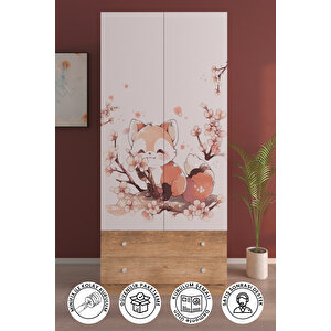 Çocuk Odası 2 Kapaklı Spring Fox  Gardırop 5 Raflı 2 Çekmeceli Askılı Elbise Dolabı