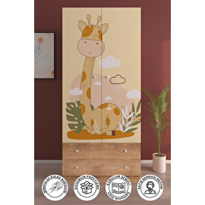 Çocuk Odası 2 Kapaklı Cute Giraffe  Gardırop 5 Raflı 2 Çekmeceli Askılı Elbise Dolabı