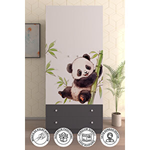 Çocuk Odası 2 Kapaklı Bamboo  Gardırop 5 Raflı 2 Çekmeceli Askılı Elbise Dolabı