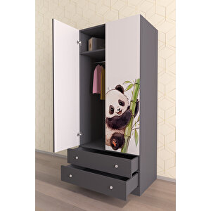Çocuk Odası 2 Kapaklı Bamboo  Gardırop 5 Raflı 2 Çekmeceli Askılı Elbise Dolabı