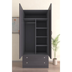 Çocuk Odası 2 Kapaklı Bamboo  Gardırop 5 Raflı 2 Çekmeceli Askılı Elbise Dolabı
