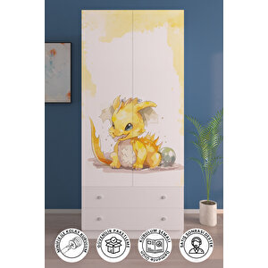 Çocuk Odası 2 Kapaklı Sunny Dino  Gardırop 5 Raflı 2 Çekmeceli Askılı Elbise Dolabı