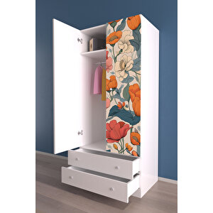 Çocuk Odası 2 Kapaklı Flower Burst Gardırop 5 Raflı 2 Çekmeceli Askılı Elbise Dolabı