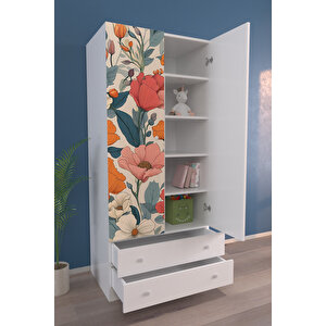 Çocuk Odası 2 Kapaklı Flower Burst Gardırop 5 Raflı 2 Çekmeceli Askılı Elbise Dolabı