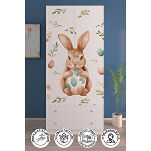 Çocuk Odası 2 Kapaklı Pretty Rabit   Gardırop 5 Raflı 2 Çekmeceli Askılı Elbise Dolabı
