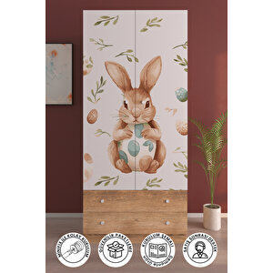 Çocuk Odası 2 Kapaklı Pretty Rabit   Gardırop 5 Raflı 2 Çekmeceli Askılı Elbise Dolabı