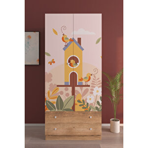 Çocuk Odası 2 Kapaklı Lovely Sparrows  Gardırop 5 Raflı 2 Çekmeceli Askılı Elbise Dolabı