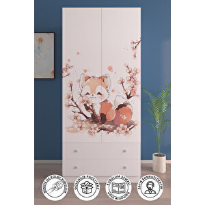 Çocuk Odası 2 Kapaklı Spring Fox  Gardırop 5 Raflı 2 Çekmeceli Askılı Elbise Dolabı