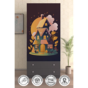 Çocuk Odası 2 Kapaklı Dream House  Gardırop 5 Raflı 2 Çekmeceli Askılı Elbise Dolabı