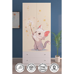 Çocuk Odası 2 Kapaklı Cosmic Kitty  Gardırop 5 Raflı 2 Çekmeceli Askılı Elbise Dolabı