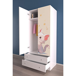 Çocuk Odası 2 Kapaklı Cosmic Kitty  Gardırop 5 Raflı 2 Çekmeceli Askılı Elbise Dolabı