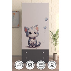 Çocuk Odası 2 Kapaklı Lonely Cat   Gardırop 5 Raflı 2 Çekmeceli Askılı Elbise Dolabı