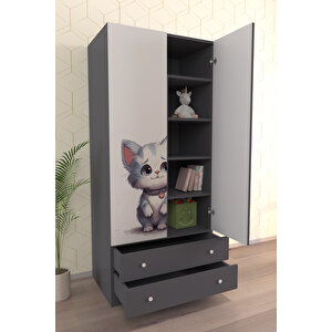 Çocuk Odası 2 Kapaklı Lonely Cat   Gardırop 5 Raflı 2 Çekmeceli Askılı Elbise Dolabı