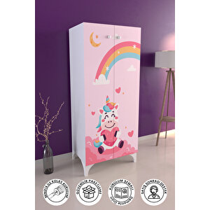 Çocuk Odası Unicorn Dreams Beyaz Dolap 3 Raflı Çok Amaçlı Baskılı Oyuncak Dolabıc